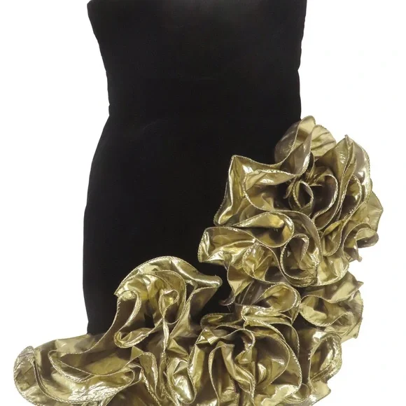 Elegant Black and Gold Strapless Prom Cocktail Holiday NYE Dress